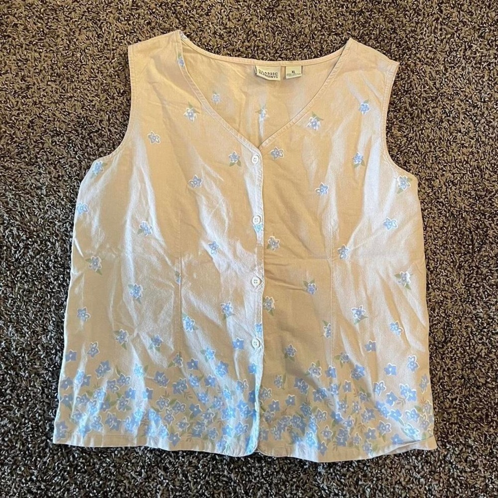 Vintage Fall 90s Cottage Core Cotton Cream and Blue Floral Vest